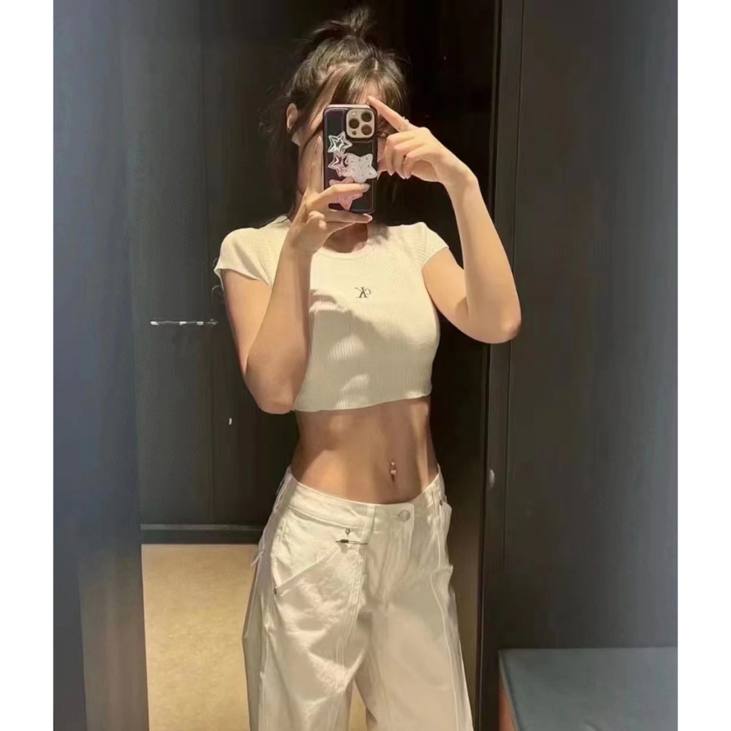 CK Áo Thun Dệt Kim Ngắn Tay Ôm Dáng Thêu Chữ Thời Trang Cho Nữ