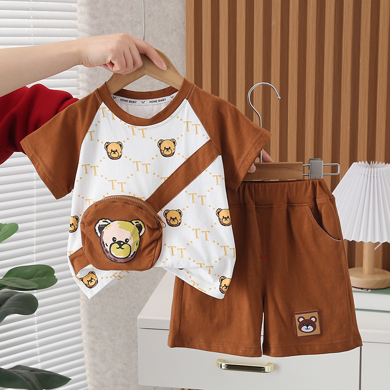 Set Áo Thun Ba Lỗ + Quần Short Cotton Hình Gấu Thời Trang Mùa Hè Kiểu Mới Cho Bé 80-120cm
