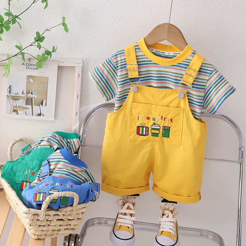 Set Áo Thun Tay Ngắn Cổ Tròn + Quần Yếm Ngắn Bằng Cotton Họa Tiết Kẻ Sọc Nhiều Màu Sắc Thời Trang Mùa Hè Kích Thước 80-110cm Dành Cho