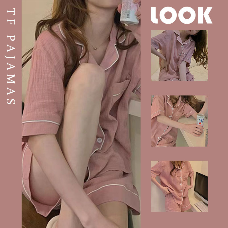Bộ Đồ Ngủ Áo cardigan Ngắn Tay Phối Quần short Mỏng Màu Hồng Thời Trang Mùa Hè Hàng Mới Dành Cho Bạn Nữ
