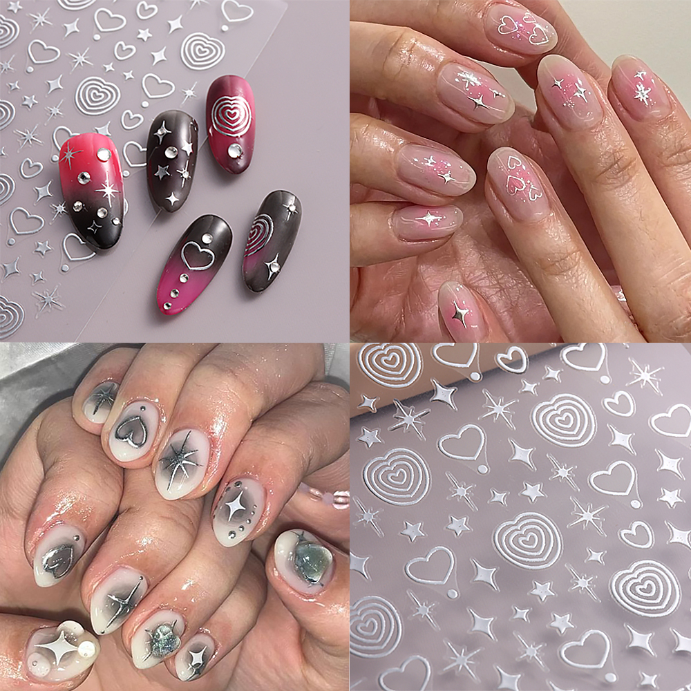Miếng Dán Trang Trí Móng Tay 3D Hình Trái Tim / Ngôi Sao Màu Vàng / Bạc Thời Trang