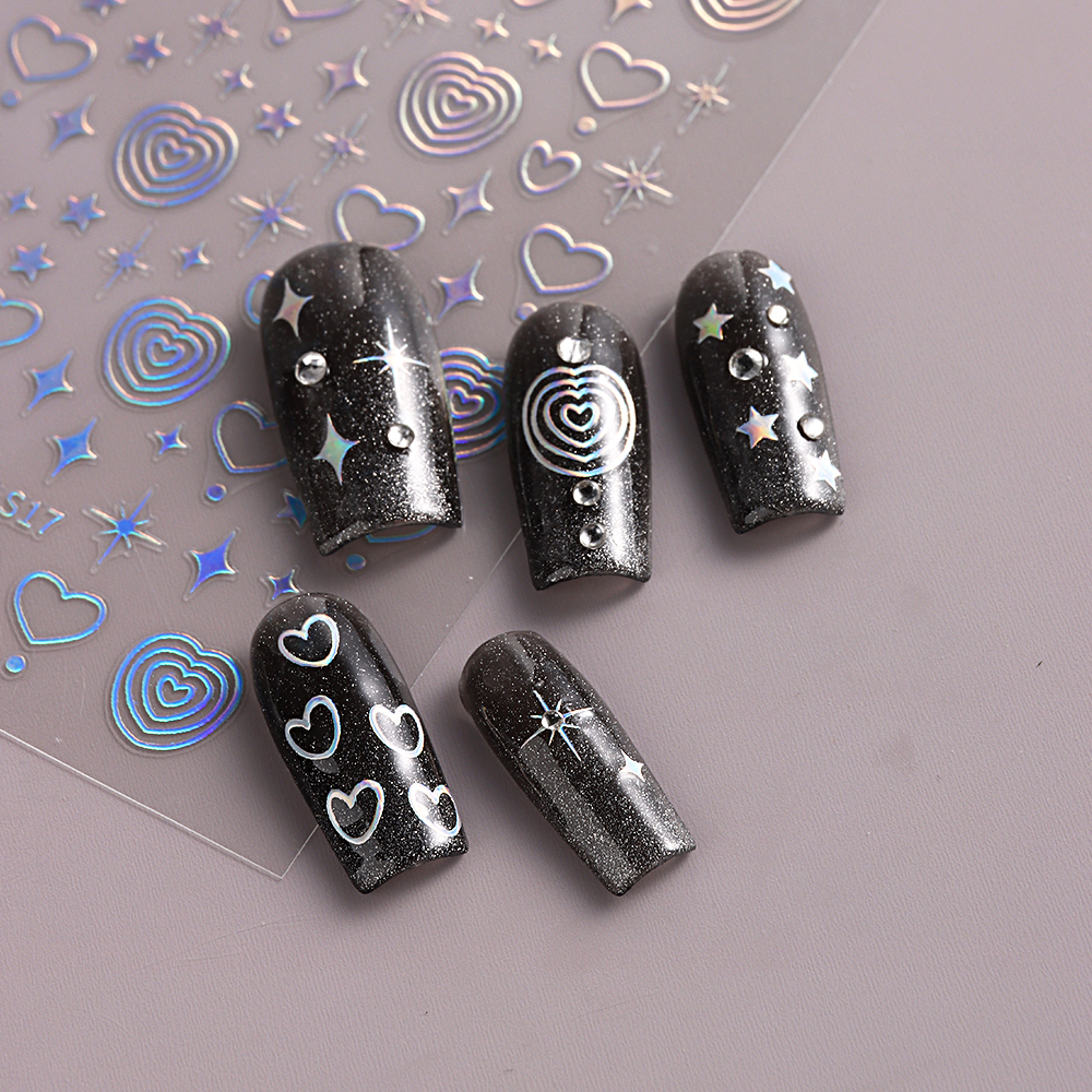 Miếng Dán Trang Trí Móng Tay 3D Hình Trái Tim / Ngôi Sao Màu Vàng / Bạc Thời Trang