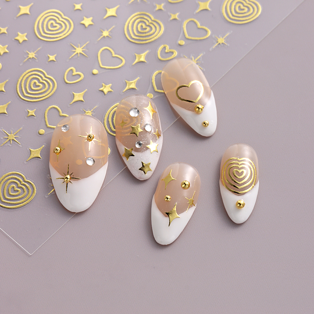 Miếng Dán Trang Trí Móng Tay 3D Hình Trái Tim / Ngôi Sao Màu Vàng / Bạc Thời Trang