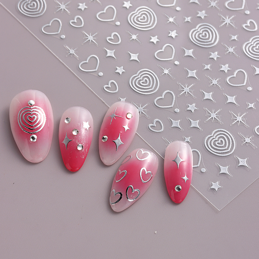 Miếng Dán Trang Trí Móng Tay 3D Hình Trái Tim / Ngôi Sao Màu Vàng / Bạc Thời Trang