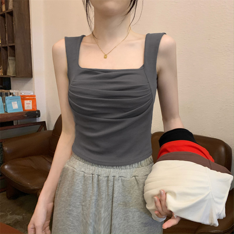 Áo Thun Ba Lỗ Cổ Vuông Xếp Ly Ôm Dáng Mẫu Mới 2023 Thời Trang Mùa Hè Phong Cách Hàn Quốc Cho Nữ