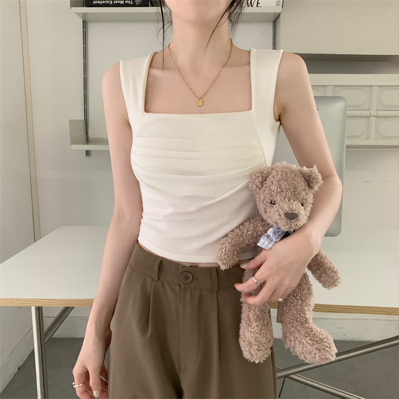 Áo Thun Ba Lỗ Cổ Vuông Xếp Ly Ôm Dáng Mẫu Mới 2023 Thời Trang Mùa Hè Phong Cách Hàn Quốc Cho Nữ