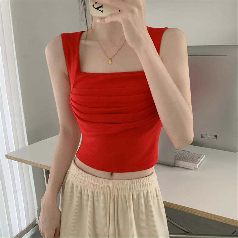 Áo Thun Ba Lỗ Cổ Vuông Xếp Ly Ôm Dáng Mẫu Mới 2023 Thời Trang Mùa Hè Phong Cách Hàn Quốc Cho Nữ