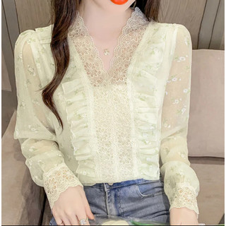 Áo kiểu tay dài phối ren bèo phong cách hàn quốc thời trang cho nữ