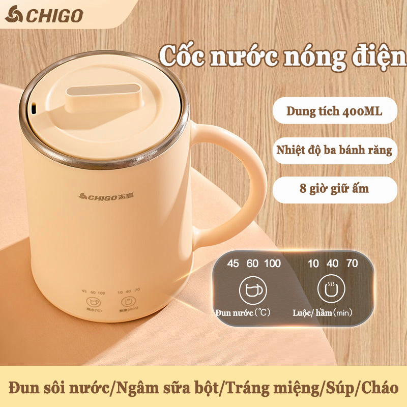 Cốc nước nóng điện đa năng Cốc điện mini Cốc cách nhiệt di động nhỏ 400ml 300W Tấm lót inox 304 Điều chỉnh thời gian/ nhiệt độ 3 cấp độ