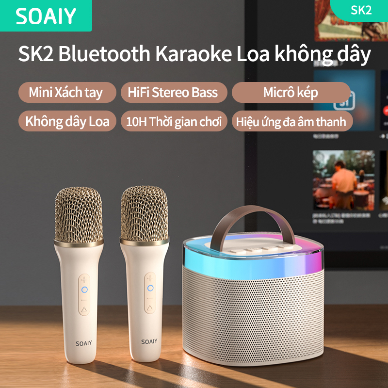 Loa Bluetooth nhỏ SOAIY SK2 Karaoke di động LED với 2 Micrô Bass mạnh Đúng Không Dây Hỗ trợ thẻ TF Giao diện sạc Type-C