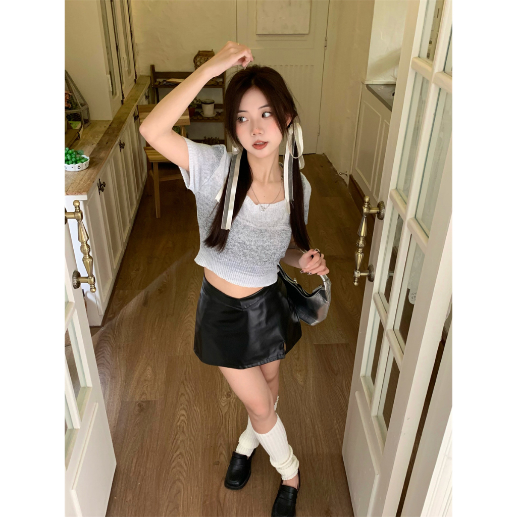 Áo Croptop Cổ Vuông Tay Ngắn Dáng Ôm Nhuộm Màu Phong Cách Hàn Quốc Thời Trang Mùa Hè Cho Nữ