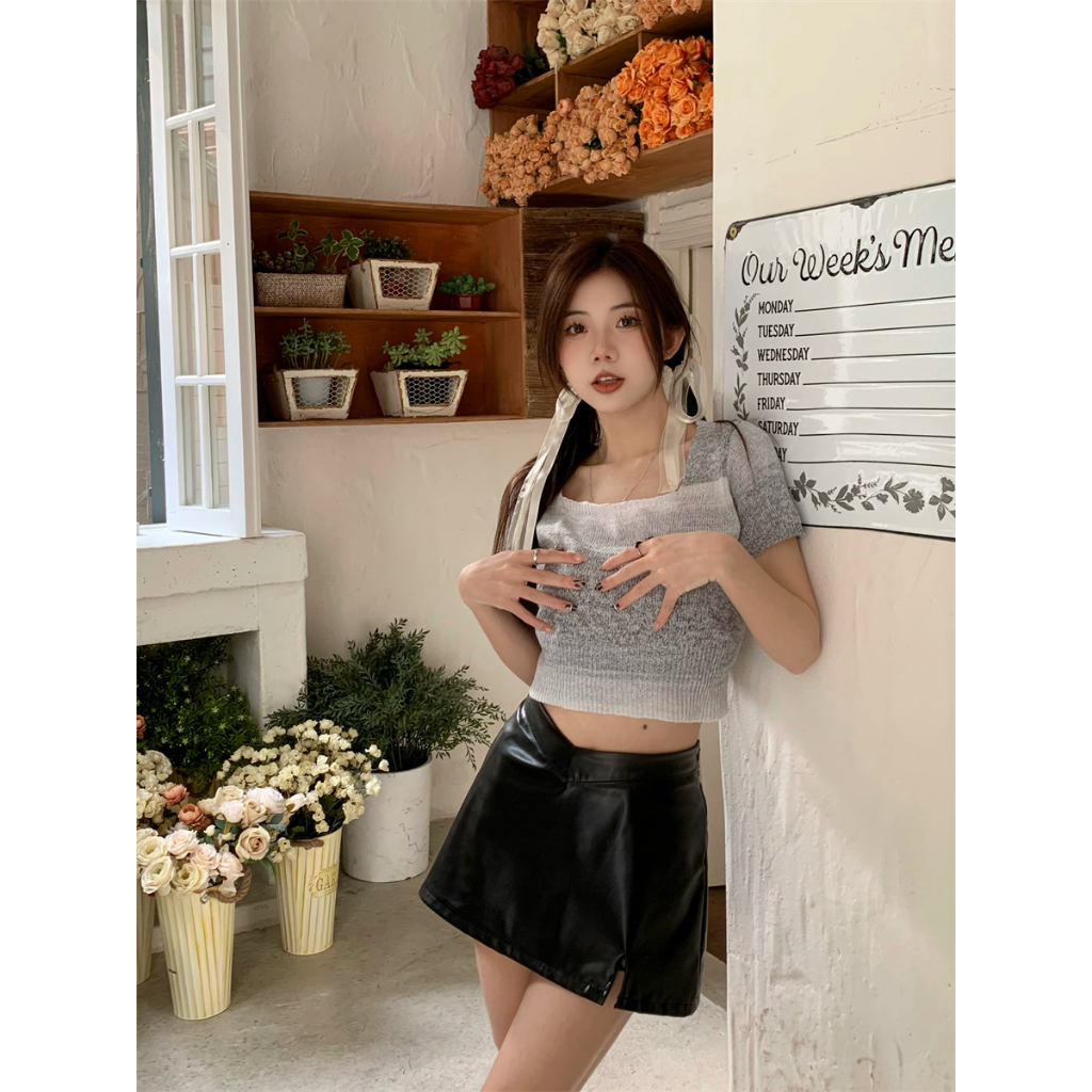 Áo Croptop Cổ Vuông Tay Ngắn Dáng Ôm Nhuộm Màu Phong Cách Hàn Quốc Thời Trang Mùa Hè Cho Nữ