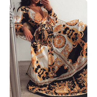 Đầm maxi cổ yếm xẻ tà phong cách boho