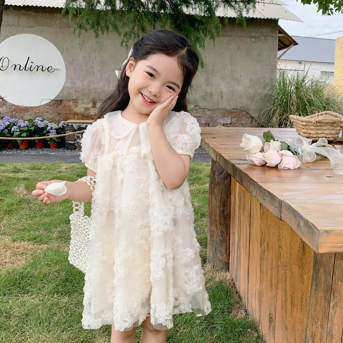 Mùa hè ngắn tay thời trang lưới ren công chúa đầm trắng hồng cho cô gái
