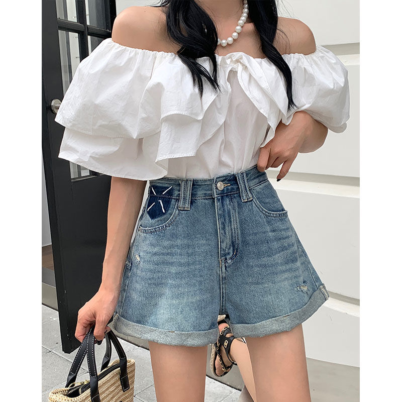 Quần Short Denim Dáng Chữ A Màu Tương Phản Thời Trang Mùa Hè 2023 Phong Cách Châu Âu Cho Nữ