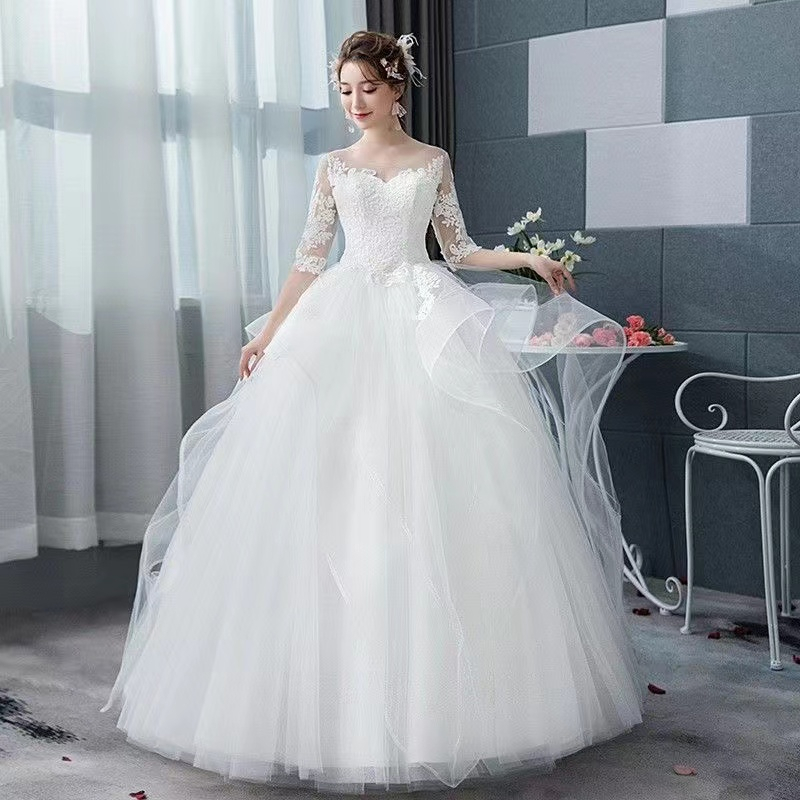 Đầm Cưới Phối Lưới Cổ Chữ V Hở Lưng Thanh Lịch Cho Cô Dâu