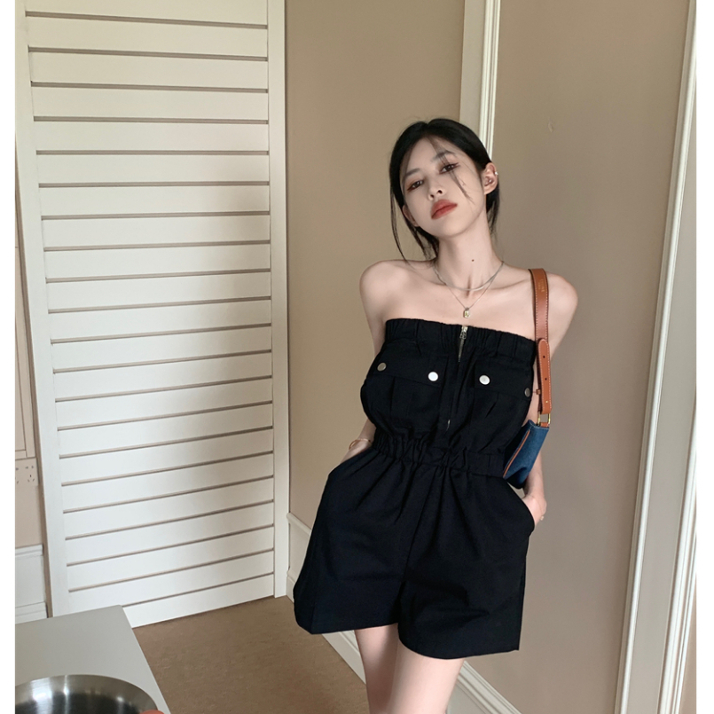 Bộ Áo Liền Quần Ngắn Ống Rộng Lưng Cao Màu Đen Quyến Rũ