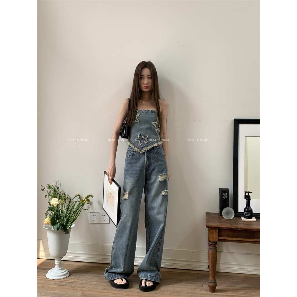 Áo Denim Sát Nách Dáng Ôm Phối Tua Rua Hình Ngôi Sao Độc Đáo Thời Trang Xuân Hè Mới Cho Nữ