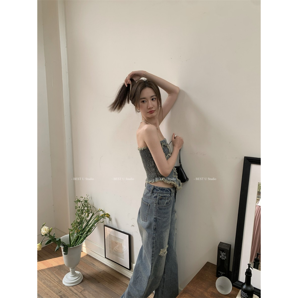 Áo Denim Sát Nách Dáng Ôm Phối Tua Rua Hình Ngôi Sao Độc Đáo Thời Trang Xuân Hè Mới Cho Nữ