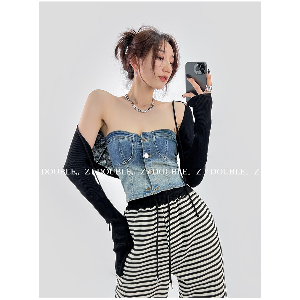 Áo Ống Denim Màu Gradient Phong Cách Mỹ Thời Trang Mùa Hè Cho Nữ