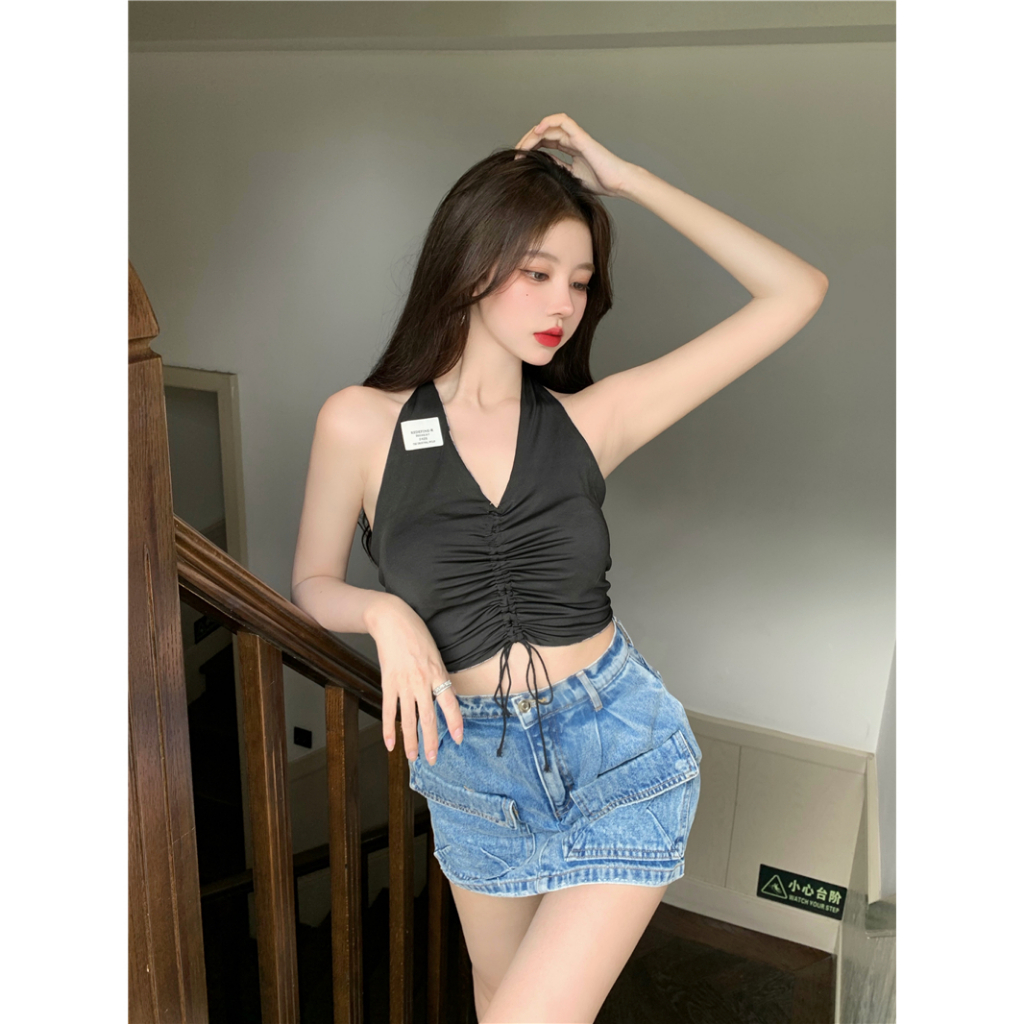 QADCOL Áo Hai Dây Hở Lưng Dáng Ngắn Phong Cách Mỹ Quyến Rũ Cho Nữ