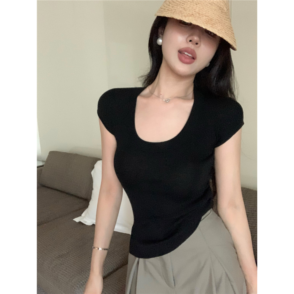 Cocory vn Áo Thun Dệt Kim Mỏng Tay Ngắn Cổ Thấp Ôm Dáng Thời Trang Hàn Quốc Cho Nữ