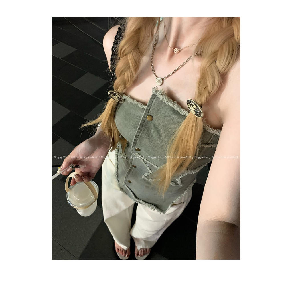 Áo Ống Denim Mỏng Eo Cao Thời Trang Mùa Hè Quyến Rũ Cho Nữ