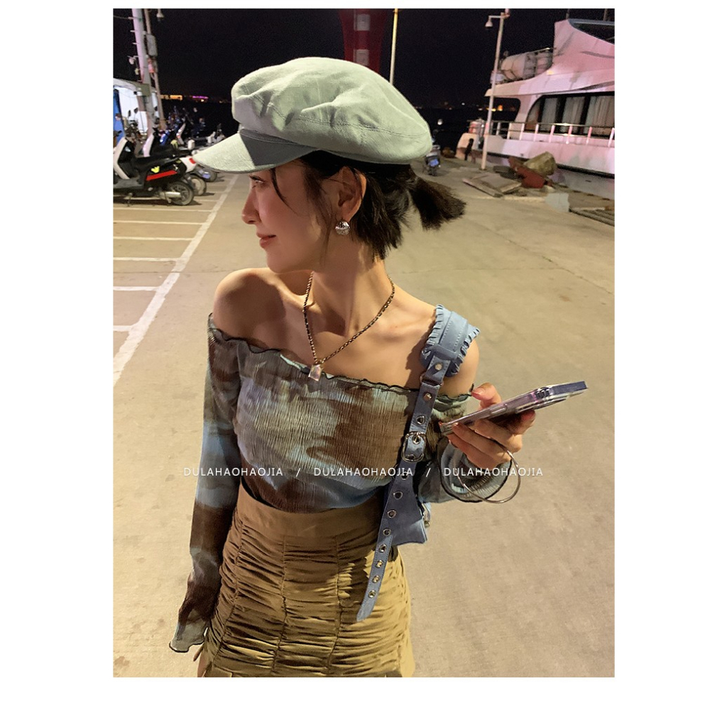 Áo Thun Tay Dài Lệch Vai Nhuộm Màu Phong Cách Mới Mùa Hè 2023 Cho Nữ