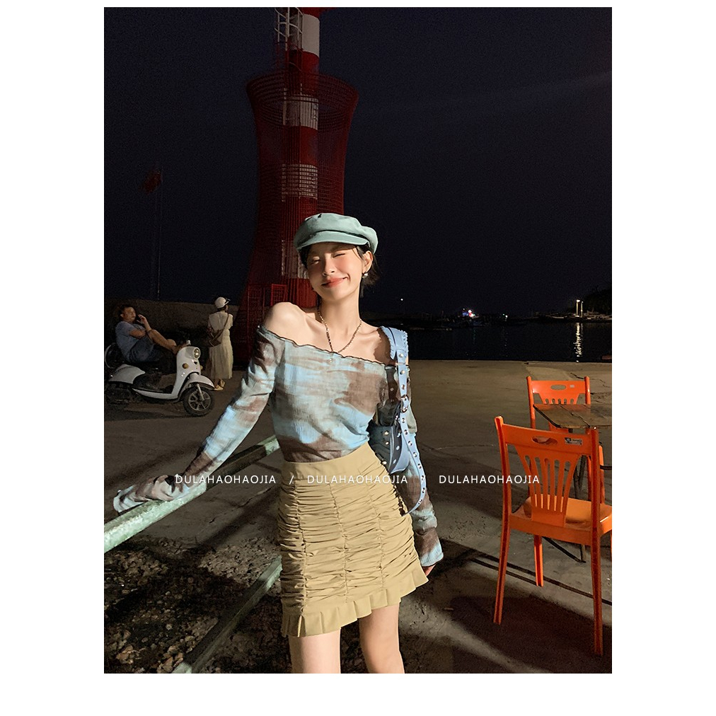 Áo Thun Tay Dài Lệch Vai Nhuộm Màu Phong Cách Mới Mùa Hè 2023 Cho Nữ