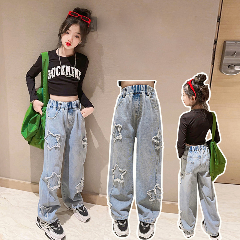 Quần Jeans Baggy Ống Rộng Thời Trang Mùa Xuân Cho Bé Gái