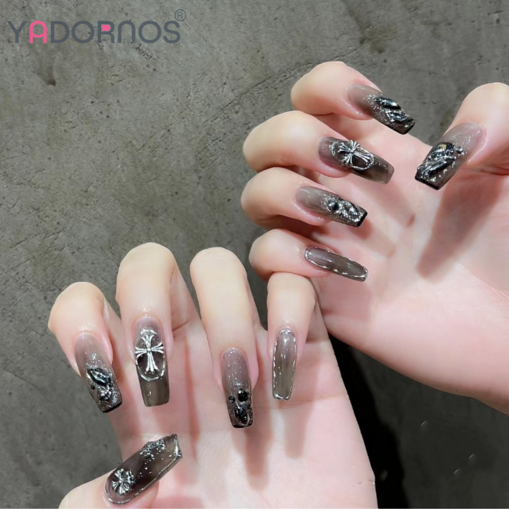 Set 24 Móng Tay Giả Màu Đen Phong Cách Gothic