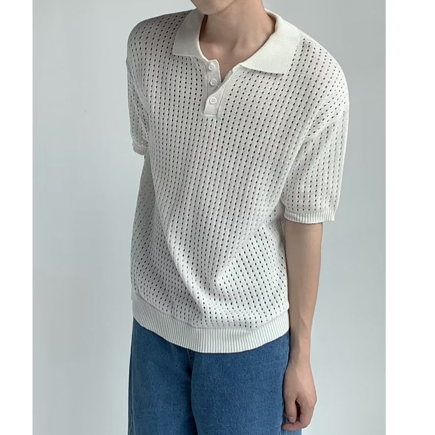 Áo Thun polo Dệt Kim Tay Ngắn Vải Lụa Lạnh Mỏng Thời Trang 2023 Cho Nam