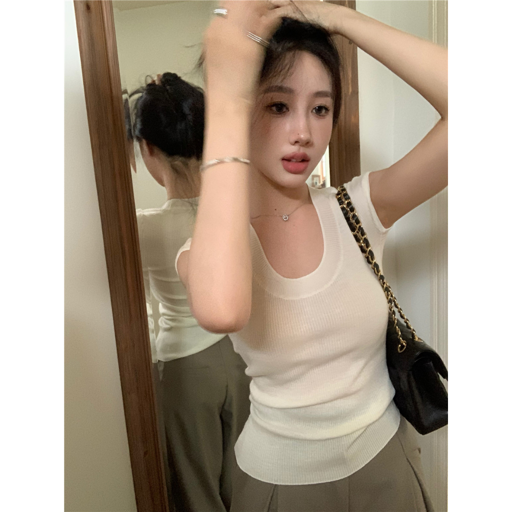 Cocory vn Áo Thun Dệt Kim Mỏng Tay Ngắn Cổ Thấp Ôm Dáng Thời Trang Hàn Quốc Cho Nữ