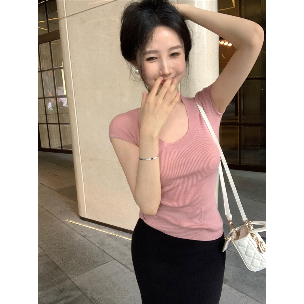 Cocory vn Áo Thun Dệt Kim Mỏng Tay Ngắn Cổ Thấp Ôm Dáng Thời Trang Hàn Quốc Cho Nữ
