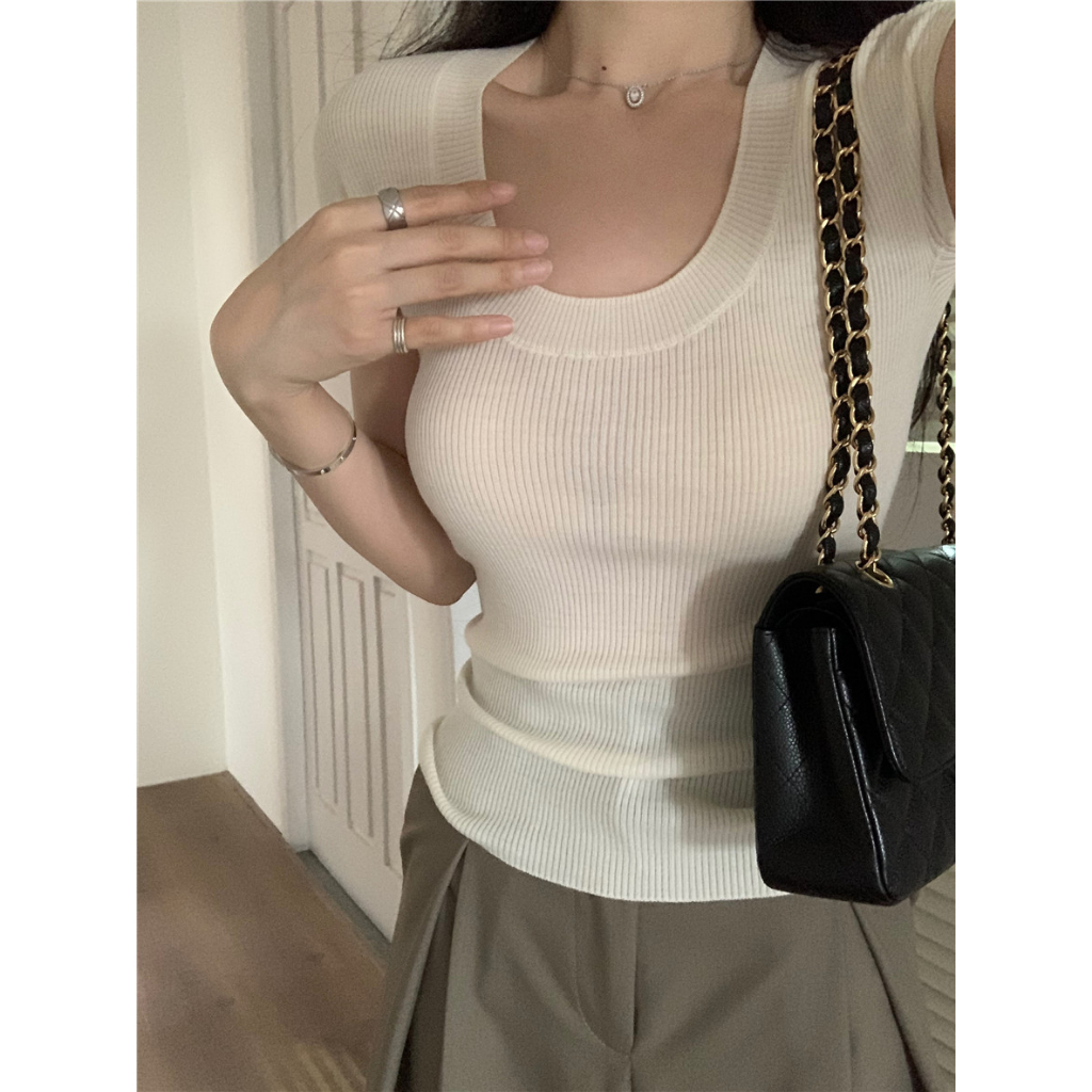 Cocory vn Áo Thun Dệt Kim Mỏng Tay Ngắn Cổ Thấp Ôm Dáng Thời Trang Hàn Quốc Cho Nữ