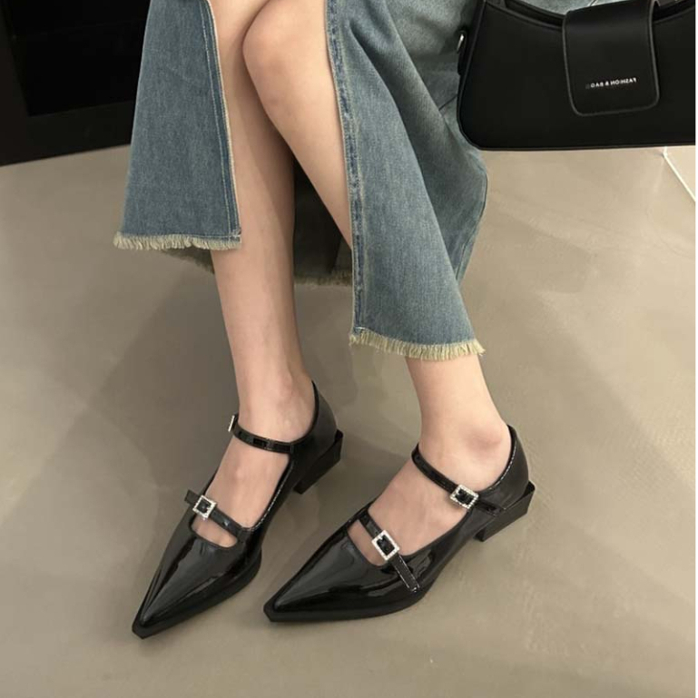 Giày Cao Gót Da Mềm Mũi Nhọn Thắt Nơ Phụ Nữ Đi Làm Đế Cao Su Vintage
