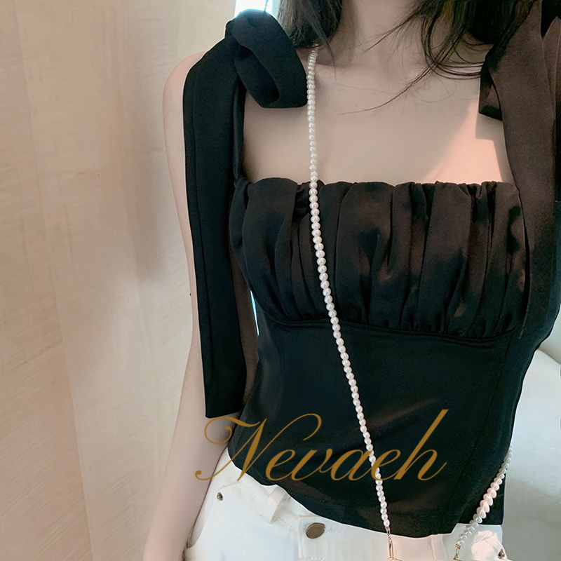 Áo Hai Dây Ngắn Màu Trơn Xếp Ly Áp Lực Thiết Kế Cá Tính Cho Nữ