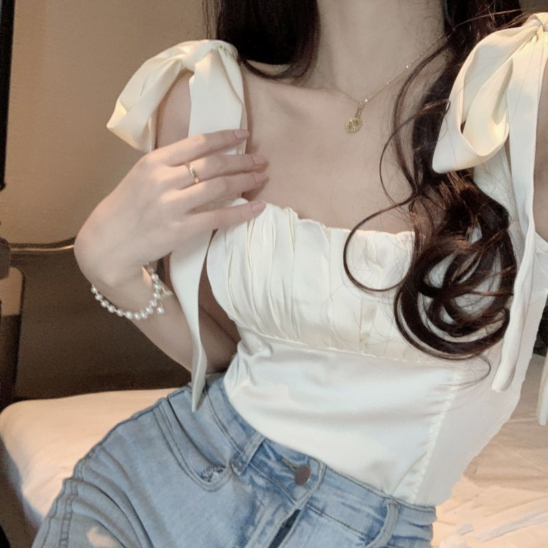 Áo Hai Dây Ngắn Màu Trơn Xếp Ly Áp Lực Thiết Kế Cá Tính Cho Nữ