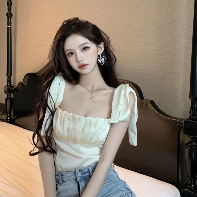 Áo Hai Dây Ngắn Màu Trơn Xếp Ly Áp Lực Thiết Kế Cá Tính Cho Nữ