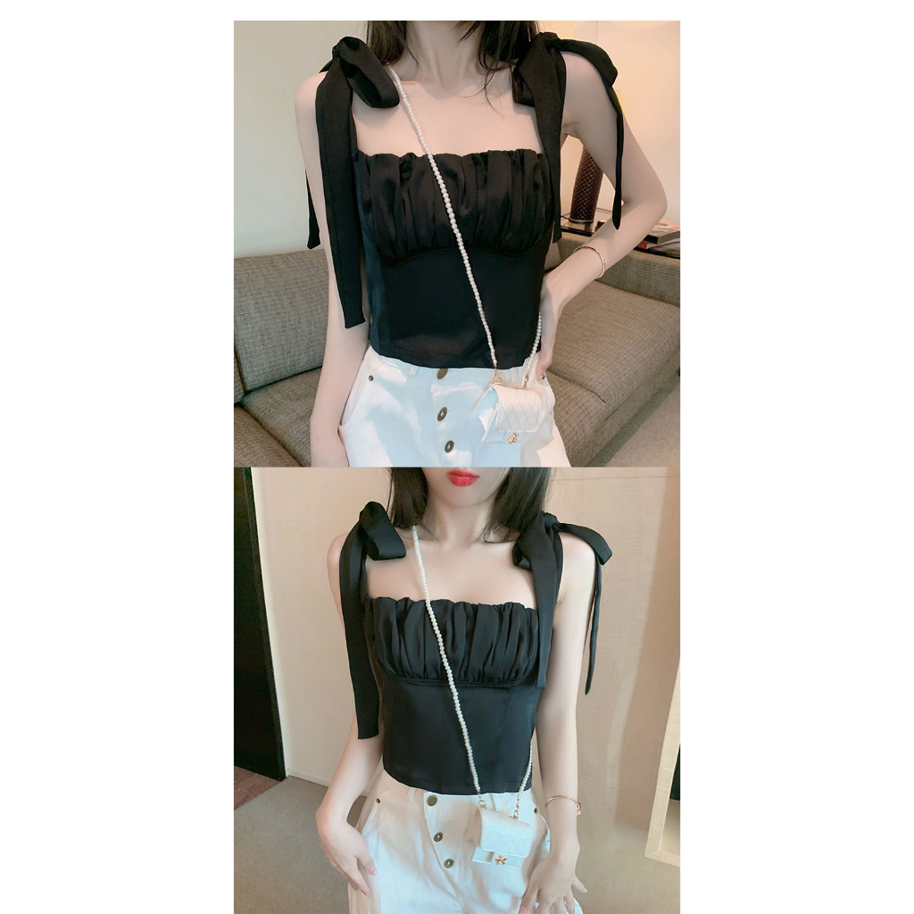 Áo Hai Dây Ngắn Màu Trơn Xếp Ly Áp Lực Thiết Kế Cá Tính Cho Nữ