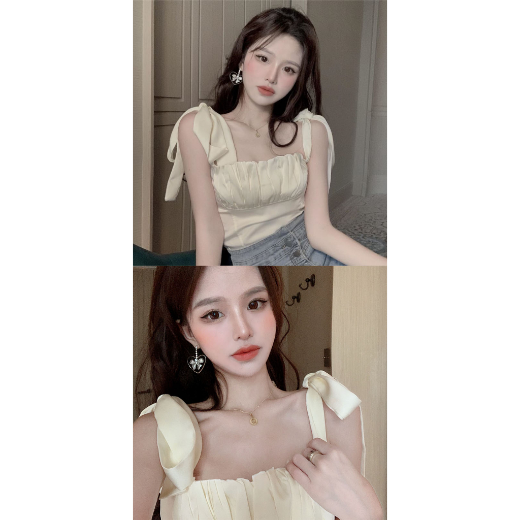 Áo Hai Dây Ngắn Màu Trơn Xếp Ly Áp Lực Thiết Kế Cá Tính Cho Nữ