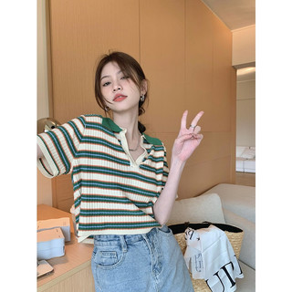 Cái mới Áo Croptop Dệt Kim Tay Ngắn Hoạ Tiết Kẻ Sọc Phong Cách Vintage-AC0010