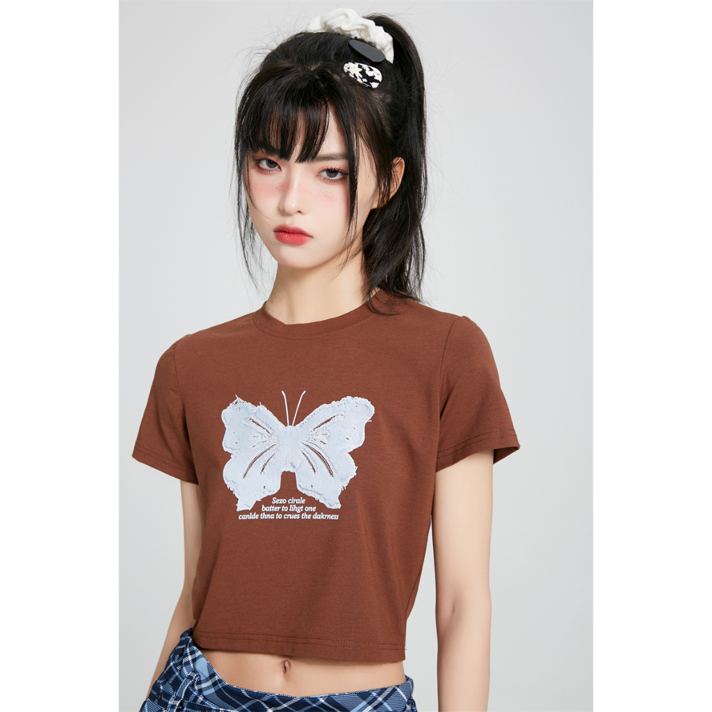 Cocory vn Áo Thun Croptop Chất Liệu Cotton In Hình Bướm Thời Trang Mùa Hè Dành Cho Nữ