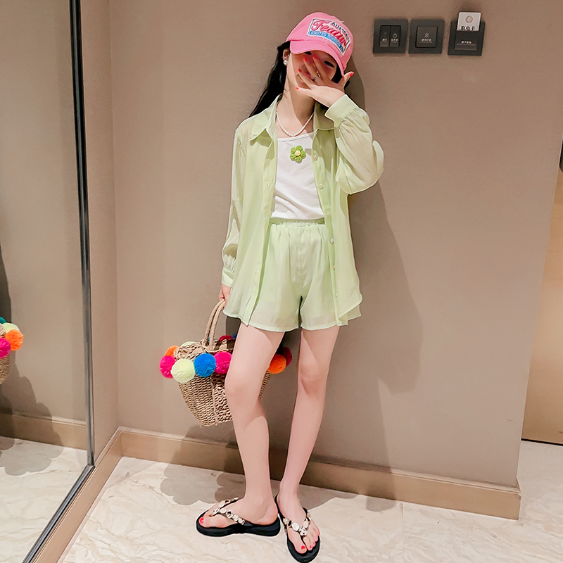 Bộ Áo Khoác Cardigan + Áo Hai Dây + Quần Ngắn Chống Nắng Thời Trang Mùa Hè Hàn Quốc Cho Bé Gái 3-14 Tuổi
