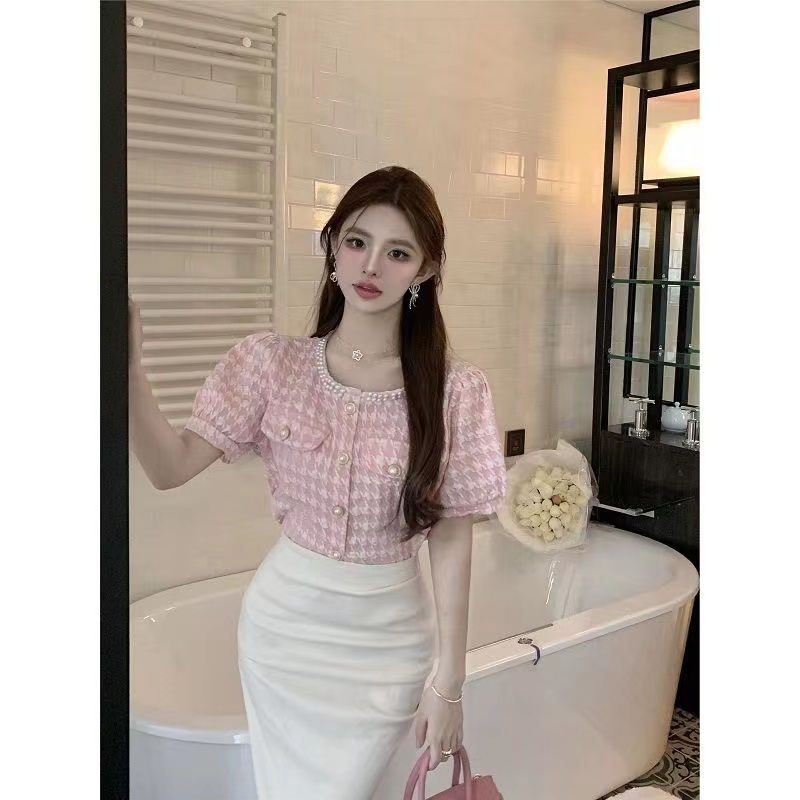 Áo Kiểu Tay Phồng Ngắn Cổ Tròn Họa Tiết Sọc Caro Thời Trang Hàn Quốc Cho Nữ