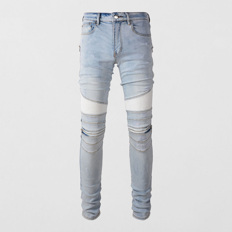 Amiri Street Fashion Men Jeans Retro Light Blue Stretch Skinny Patched Ripped Jeans Men Zipper Spliced Designer Hip Hop Pants