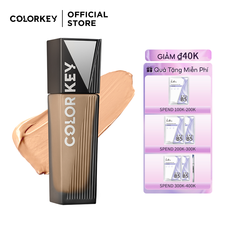 Kem nền dạng lỏng lâu trôi COLORKEY dưỡng ẩm kiểm soát dầu lâu trôi suốt 12 gio, không oxy hóa, kiểm soát dầu, rose hydrolat, chế phụ cấp, trang điểm hoàn mỹ