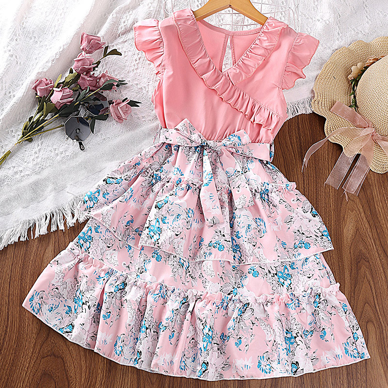 Đầm Cổ Chữ V Phối Bèo Màu Sắc Hồng In Họa Tiết Hoa Xinh Xắn Thời Trang Mùa Hè Cho Bé Gái 7-12 Tuổi