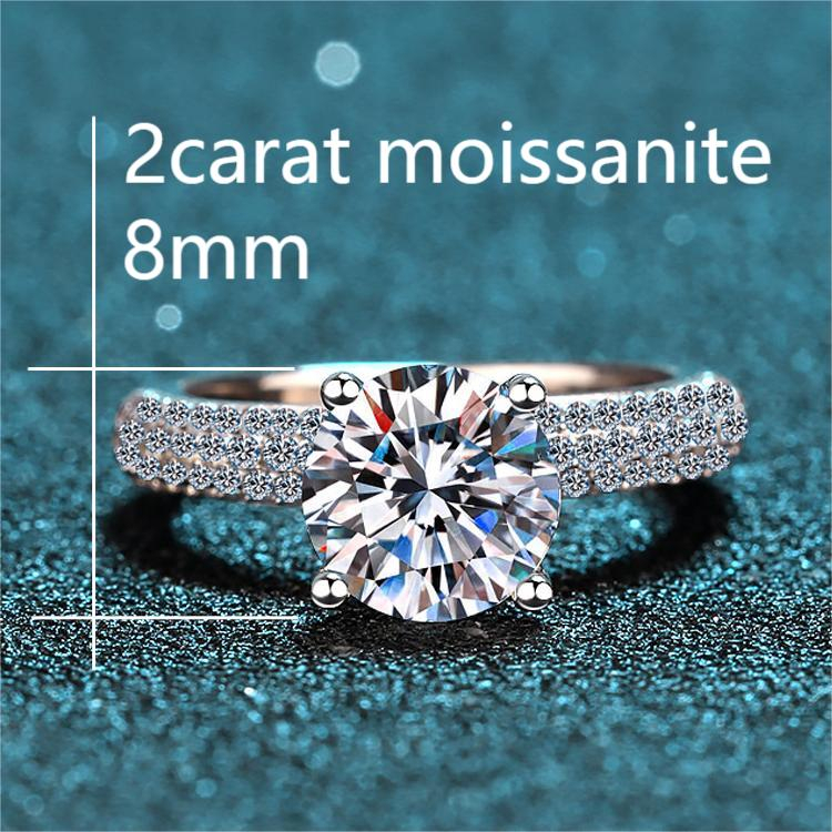 XDY-151 Nhẫn nữ 925 bạc nguyên chất, 2 carat Moissanite (bao gồm giấy chứng nhận)/8mm Zircon