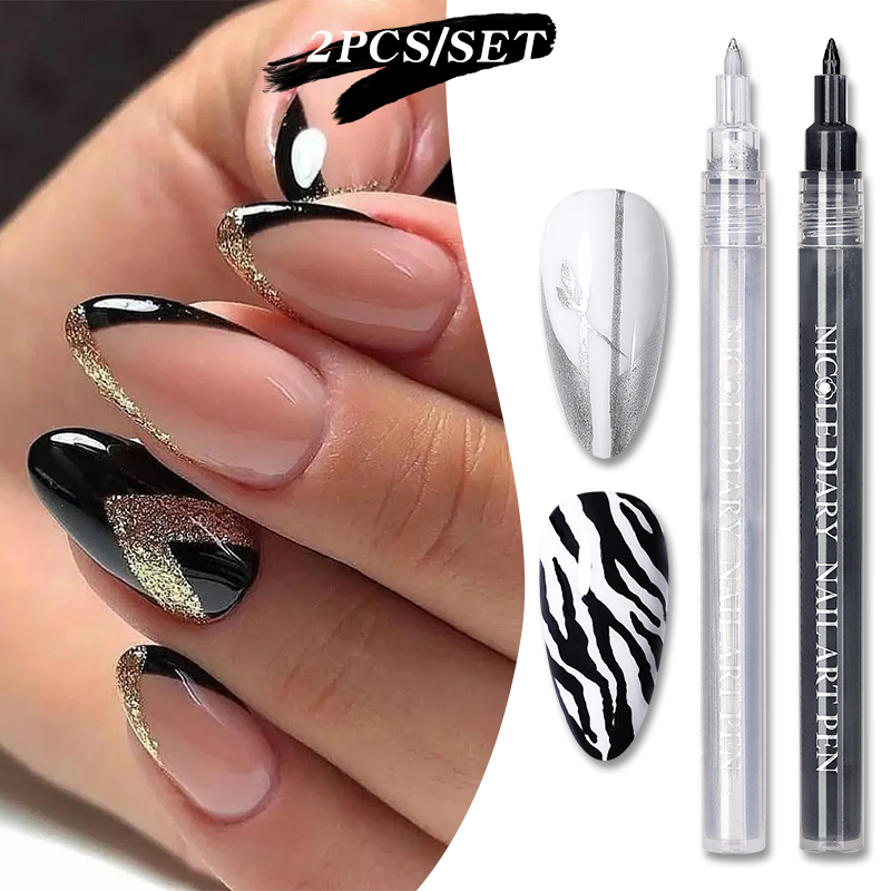 Set 2 Bút Vẽ Móng Nghệ Thuật Màu Vàng / Bạc / Đen